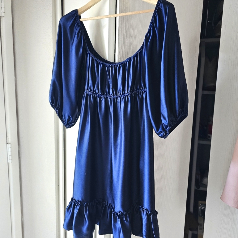 Betsey Johnson Vintage 90's Navy Silk Babydoll Dress Puff Sleeve Ruffle Hem Sz 8